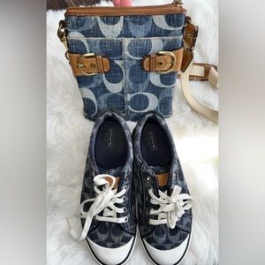 Set of Crossbody Coach Blue Signature Denim purse +Barrett Sneakers Size 8.